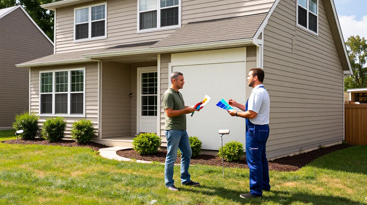 American homeowner consulting with a professional exterior painter at a US suburban home, discussing paint color samples for a house exterior project