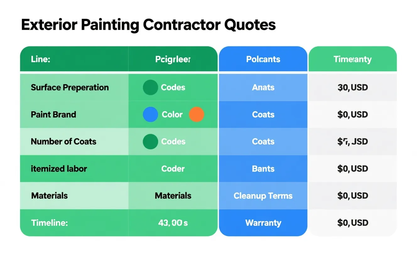 Infographic checklist of what to look for in an exterior painting contractor quote, with line items in USD for US homeowners