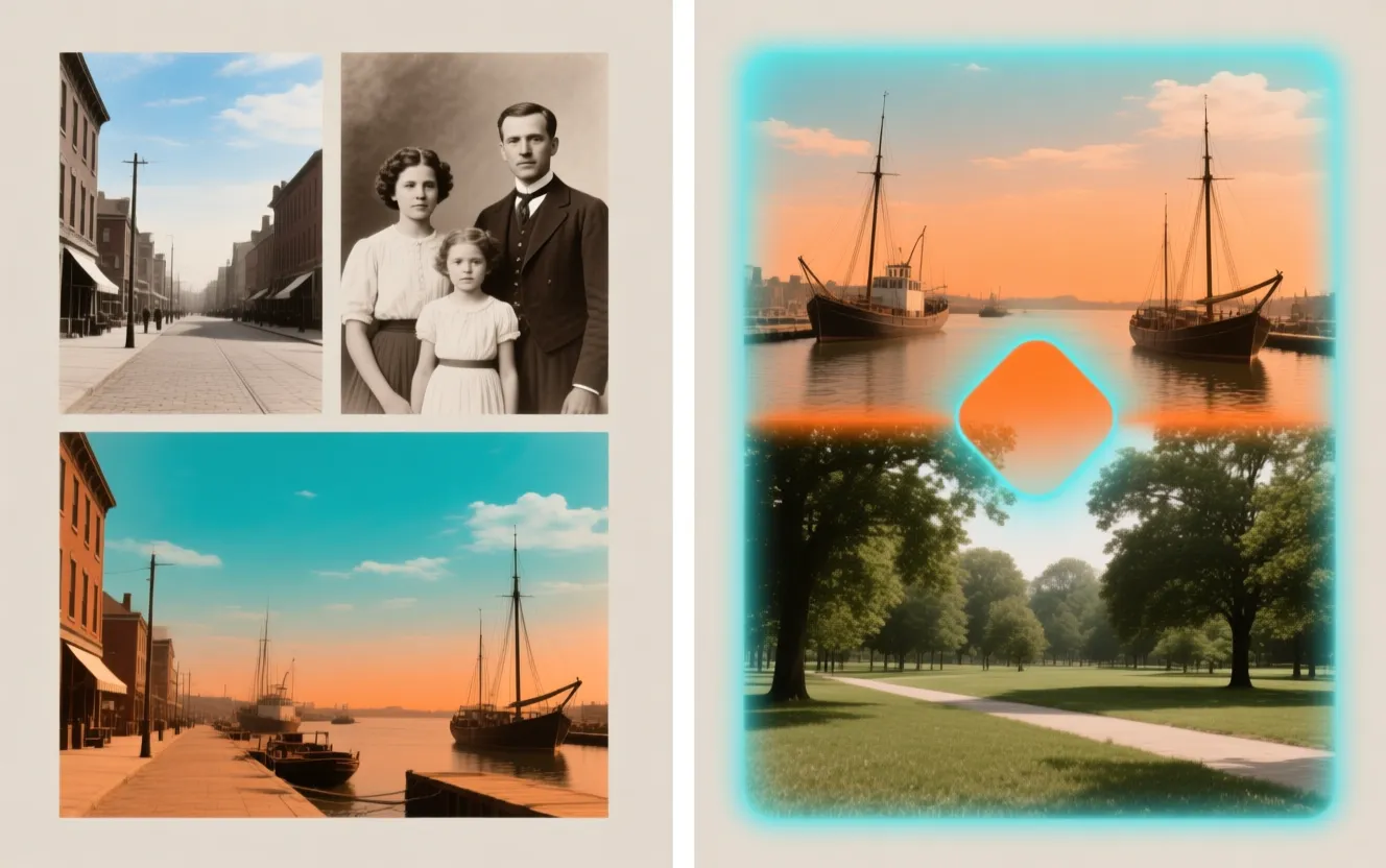 Side-by-side comparison of inconsistently vs consistently colorized archival photo series with attention map overlay