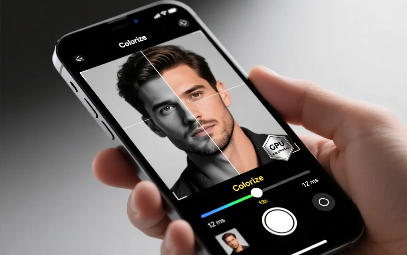 Smartphone photo editing app showing real-time colorization with GPU acceleration badge and latency indicator