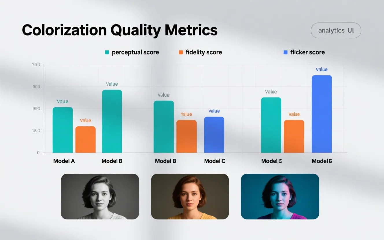 Dashboard infographic comparing colorization models on perceptual score, fidelity score, and flicker score