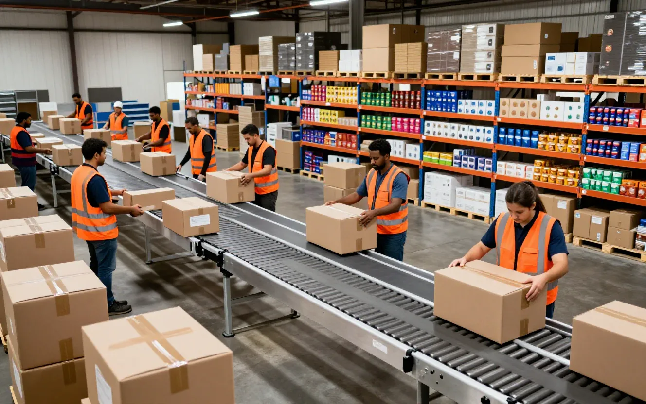 Workers packing and labeling boxes on a busy U.S. distribution center packaging line