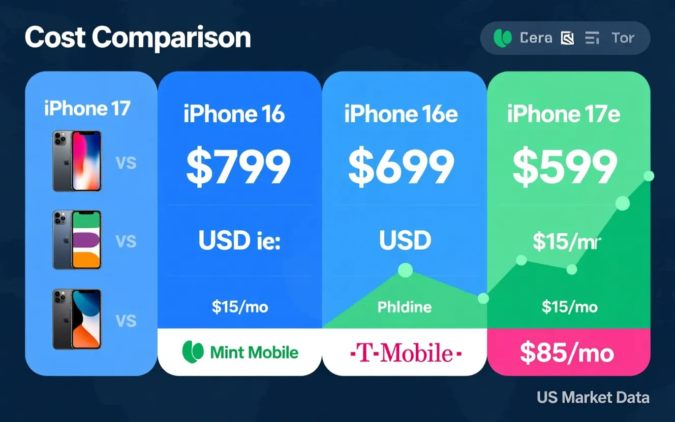 Cost comparison chart for iPhone 17, iPhone 16, and iPhone 17e 3-year ...
