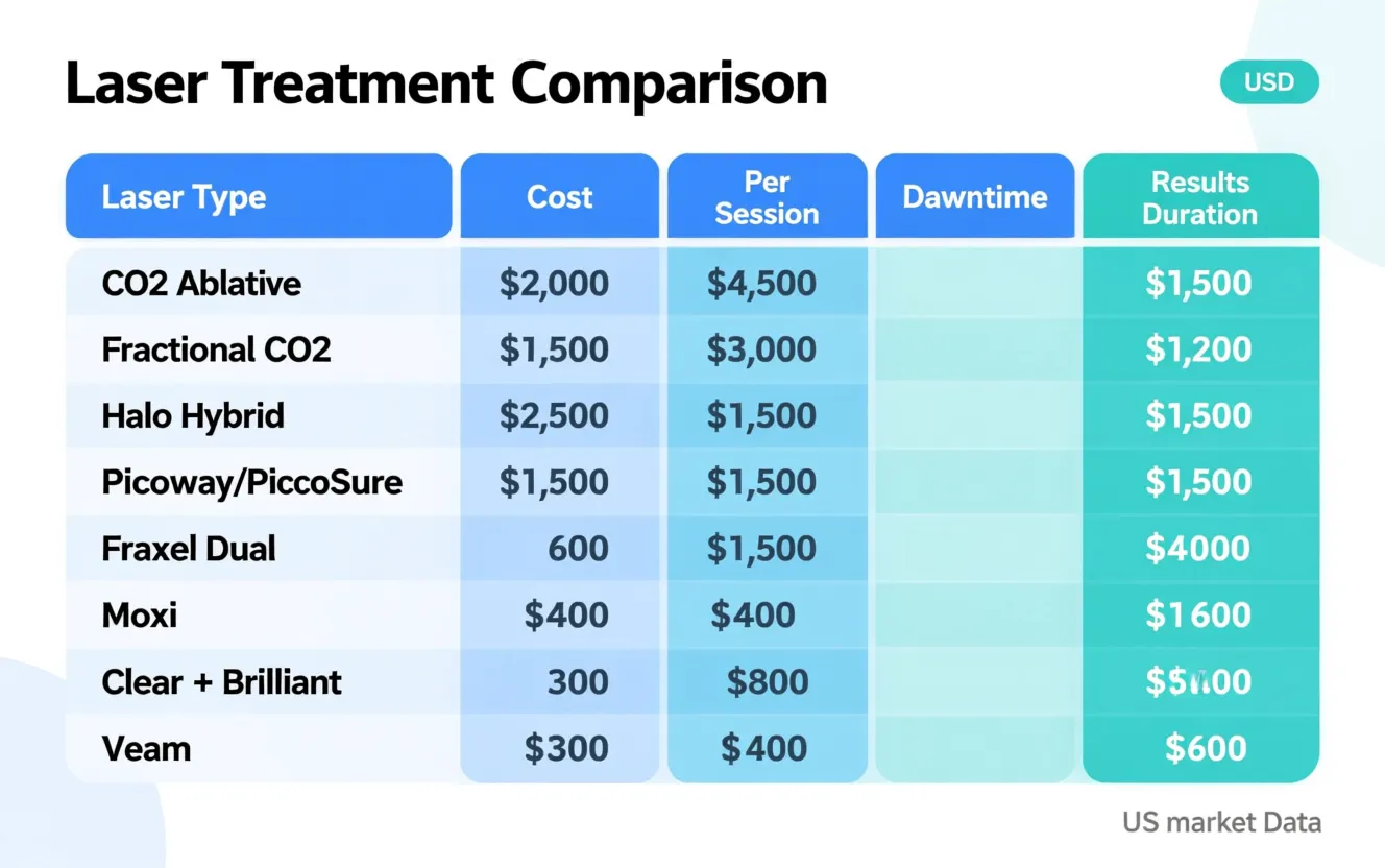 Laser treatment cost comparison chart in USD showing CO2, PicoWay, Halo, Fraxel, and other US laser skin treatment prices with downtime and results duration data