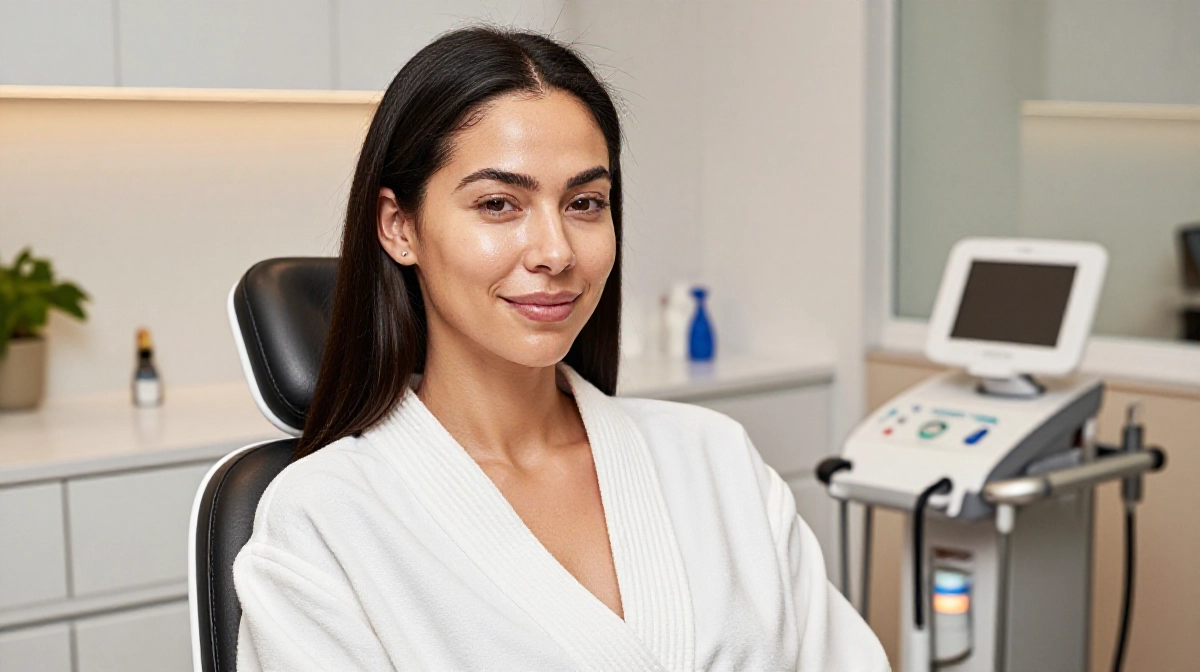 American woman at a modern US dermatology clinic receiving laser skin consultation, professional atmosphere with natural lighting