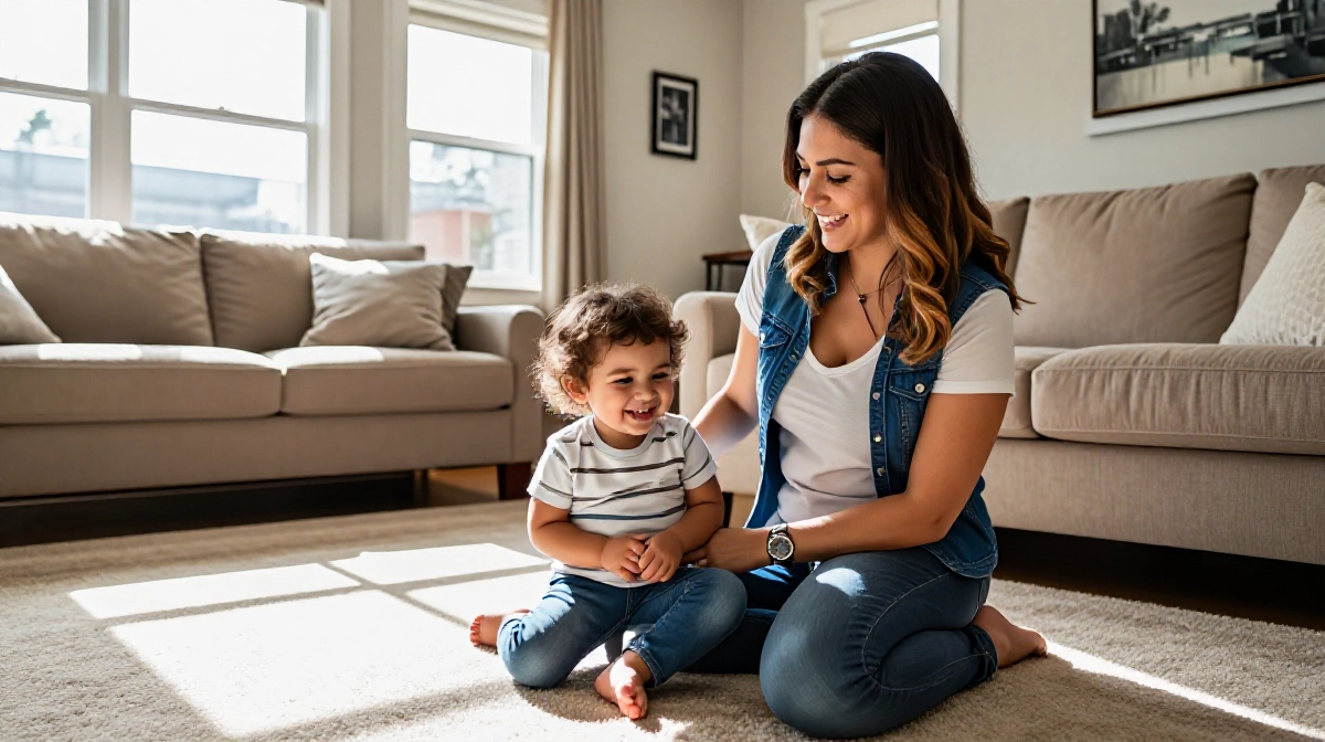 American babysitter playing with two happy children in a warm US living room, natural sunlight, realistic family childcare scene
