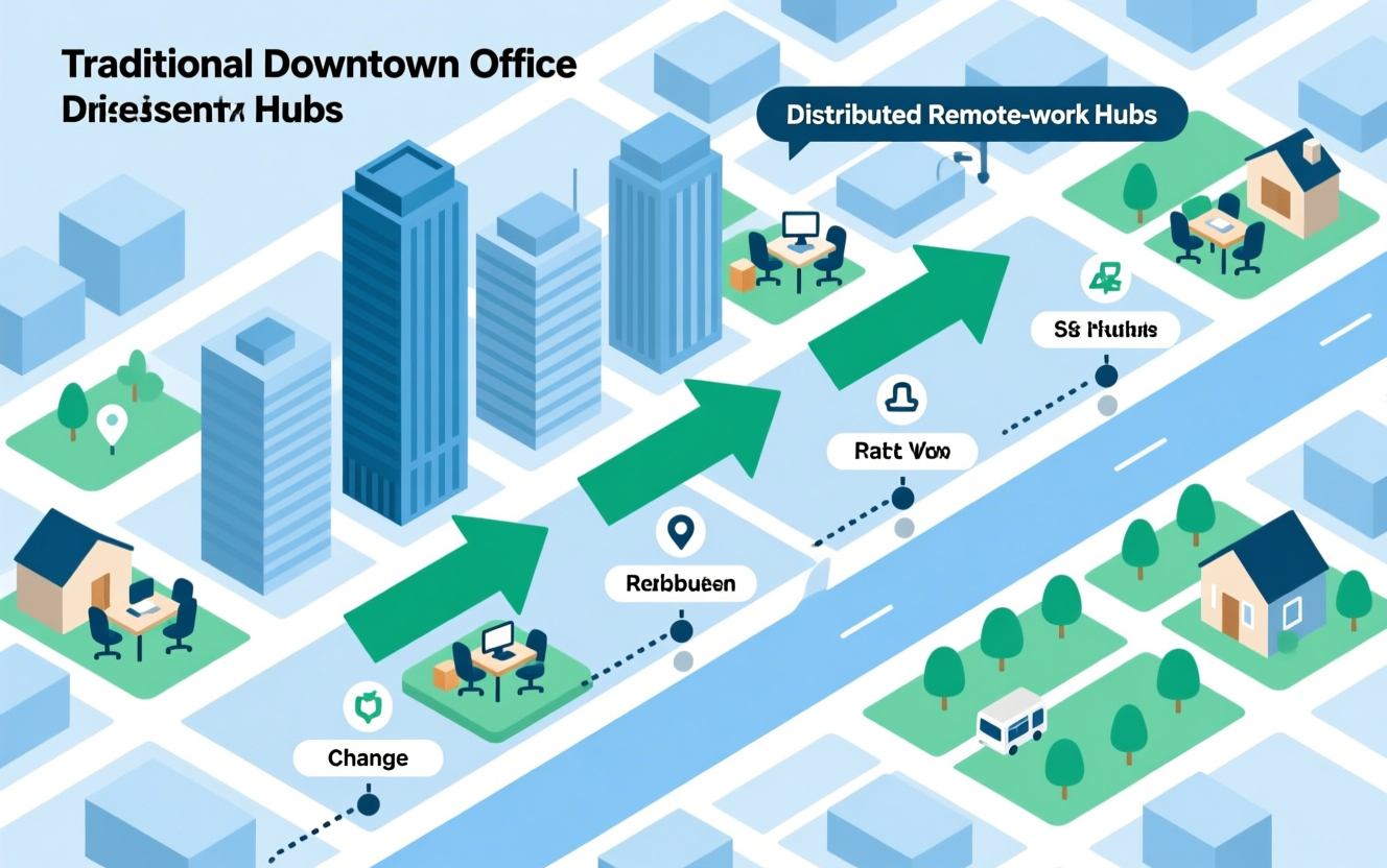 Infographie de la transition des tours de bureaux vers des hubs de télétravail