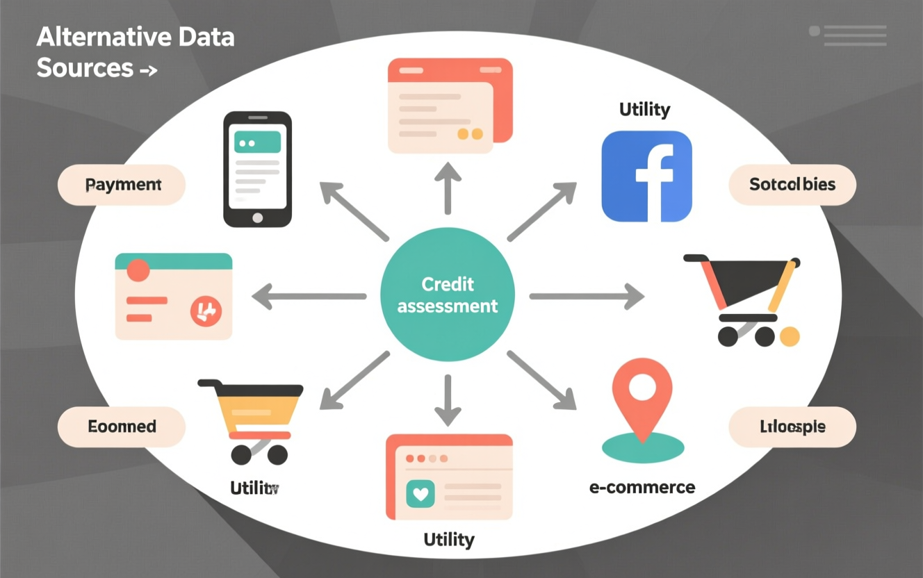 infográfico de fontes de dados alternativos convergindo para um sistema de avaliação de crédito