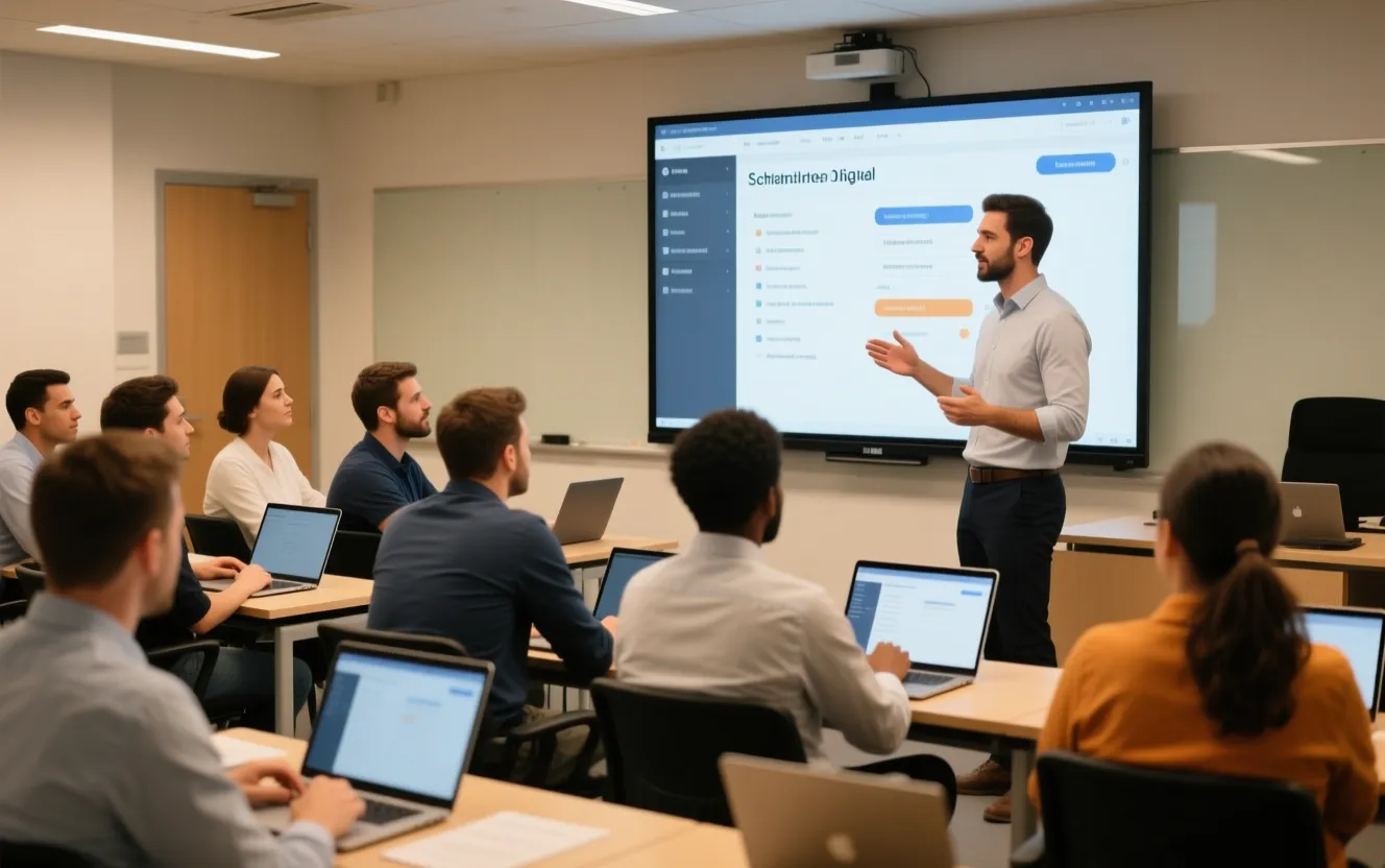 lavoratori di magazzino in aula formazione con computer