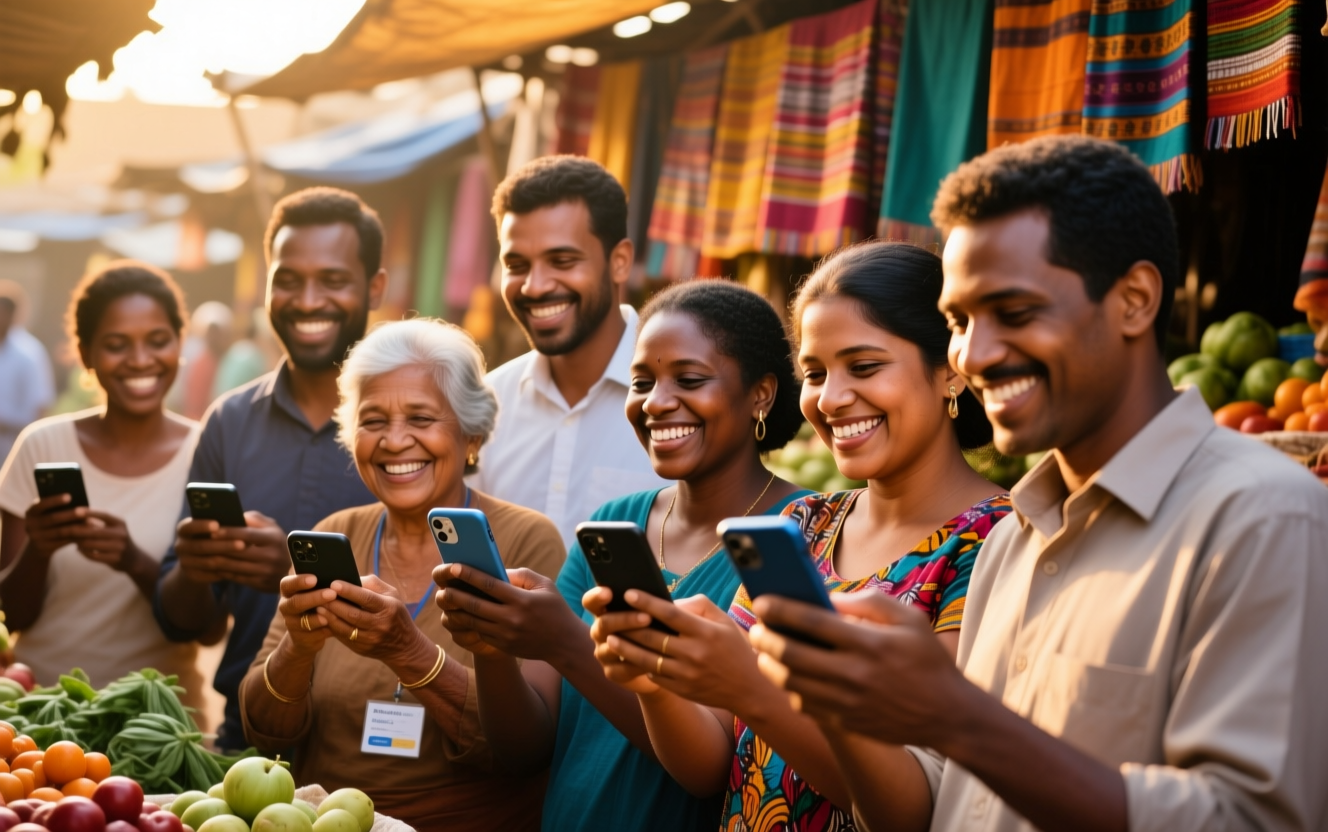 pequenos empresários usando celular para acessar serviços financeiros