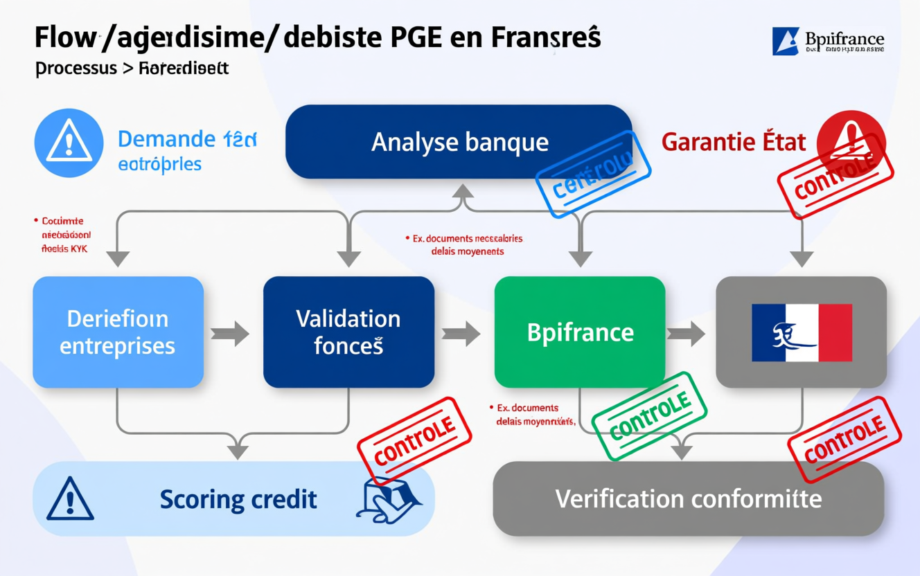 Organigramme décision PGE : demande entreprise, analyse banque, validation Bpifrance, garantie État