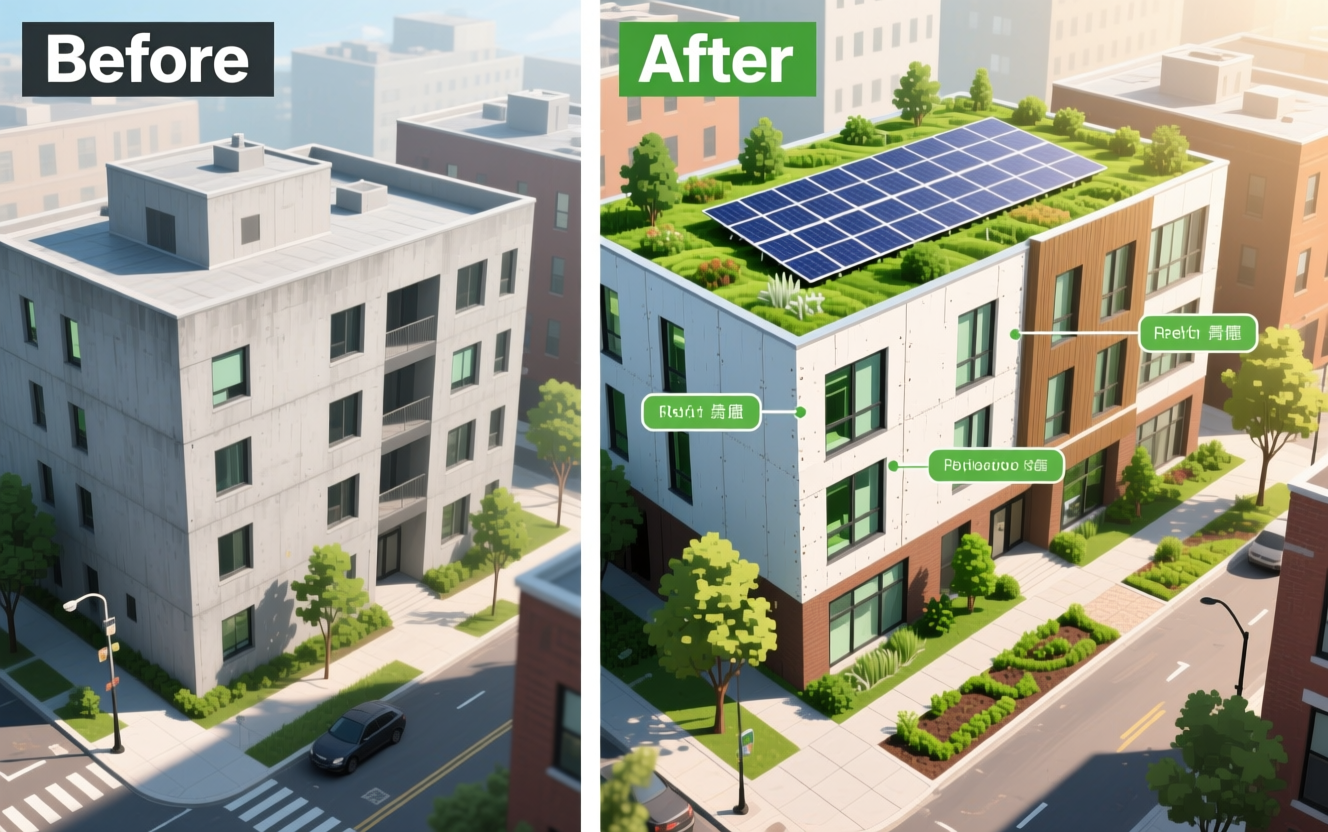 Avant-après rénovation énergétique d'un bâtiment urbain avec panneaux solaires et toiture végétalisée